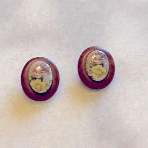 Vintage Wood and Ceramic Clip Back Earrings